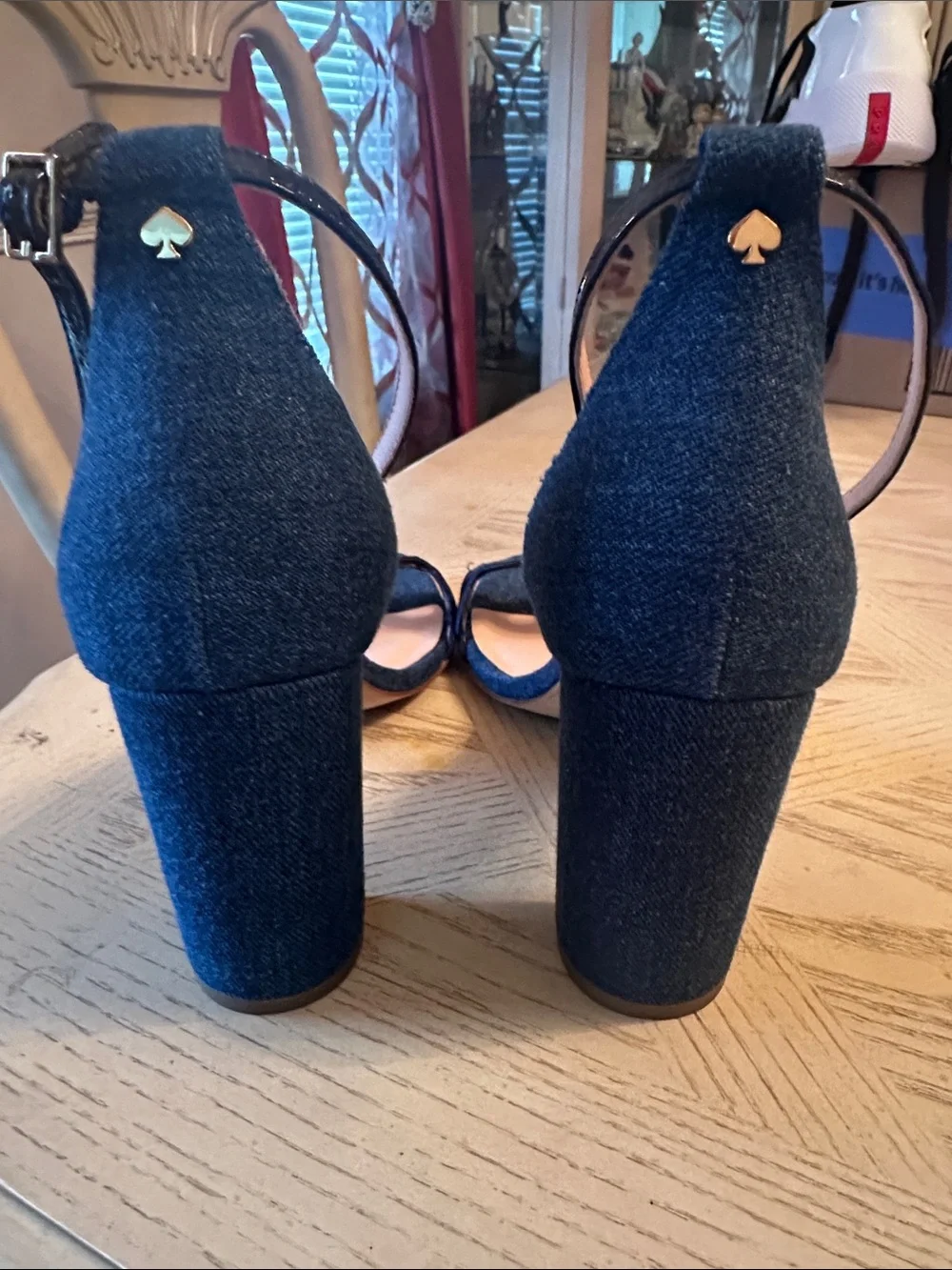 kate spade denim scalloped ankle-strap block heels